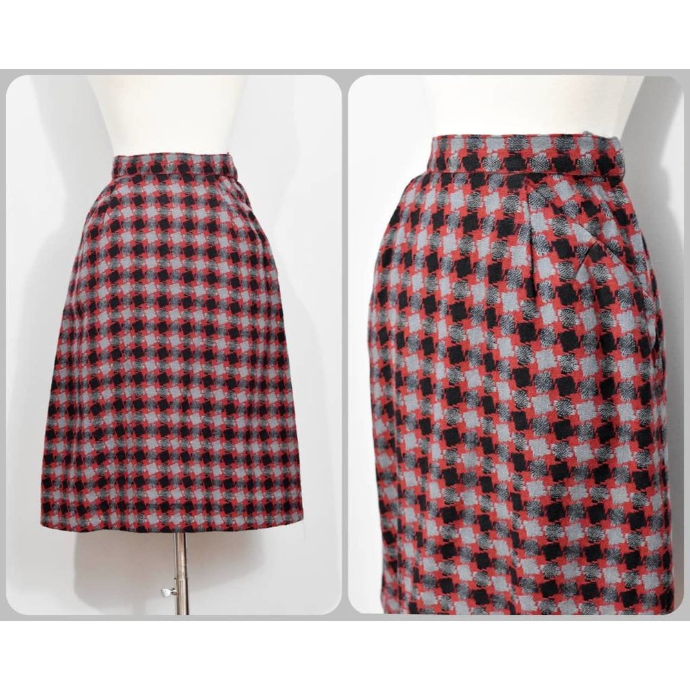 Red/Black/Gray "Houndstooth" Print Wool Skirt